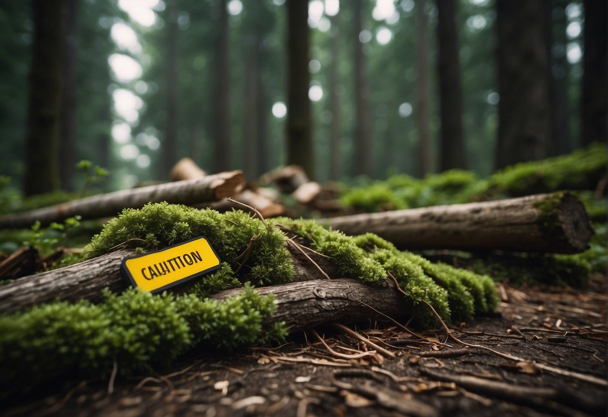 A pile of wood with visible fungus sits next to a caution sign