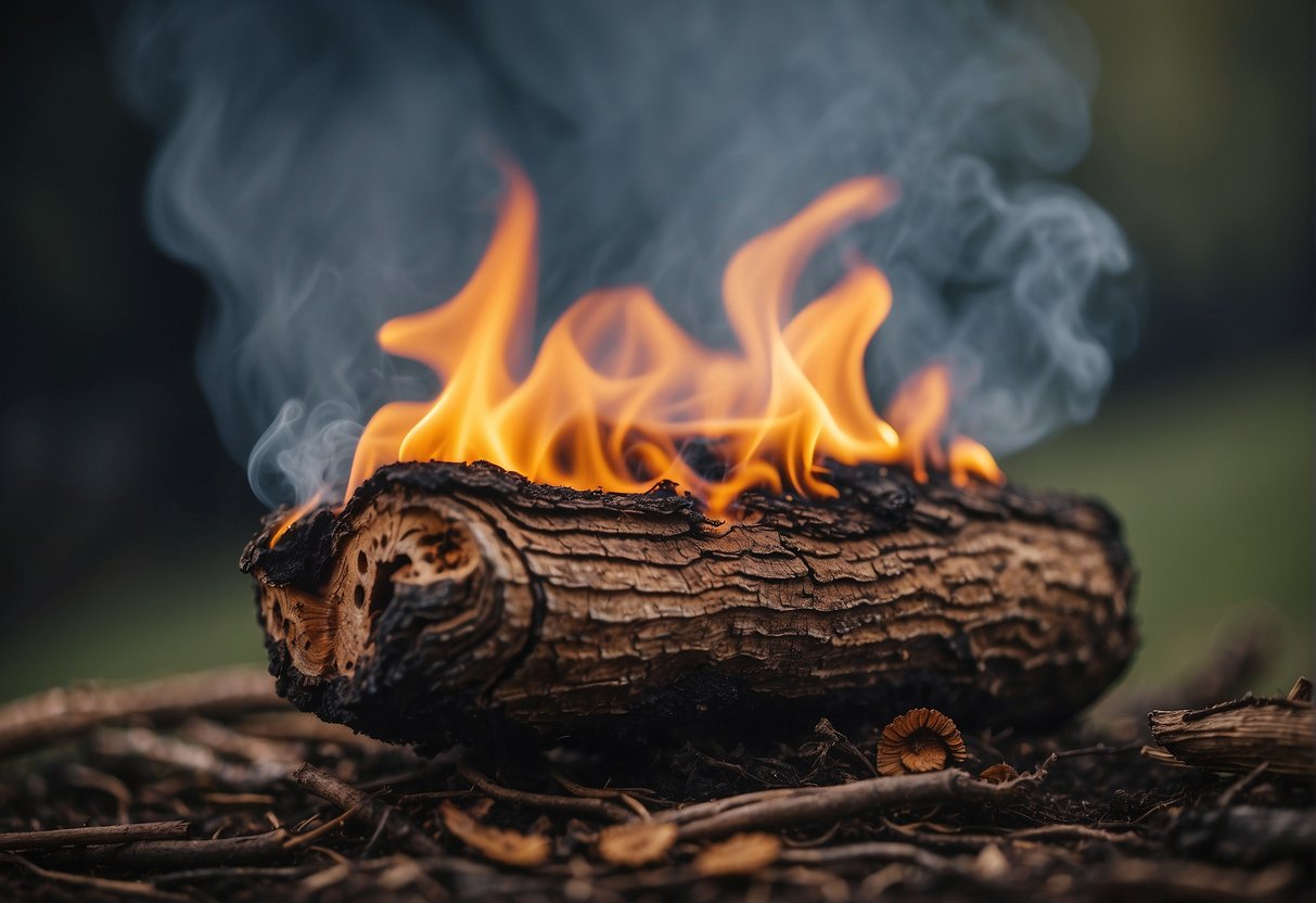 Fungus-infected wood burning with flames and smoke