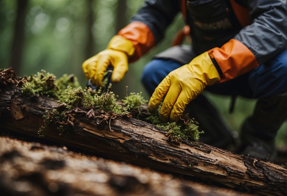 A pile of damp wood with visible fungal growth, surrounded by a person in protective gear applying a treatment to prevent further decay