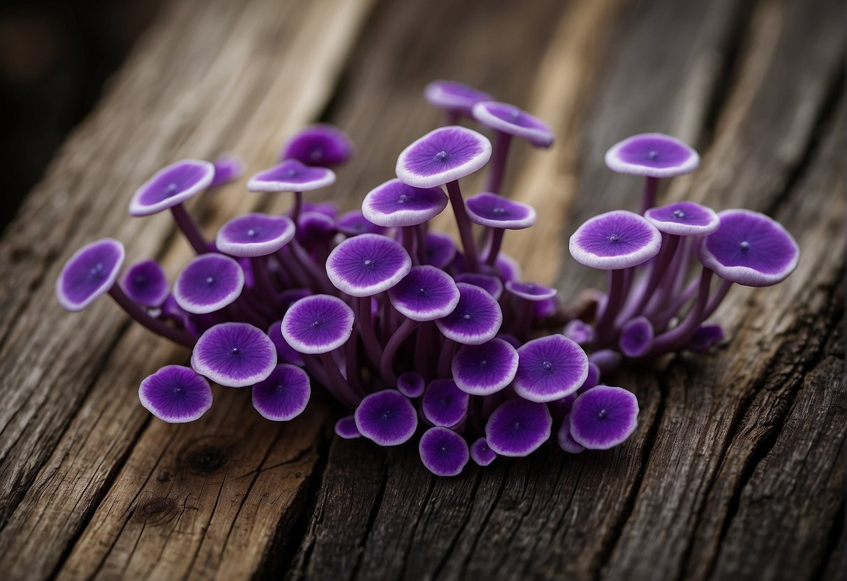Purple fungus grows on weathered wood, its vibrant color contrasting with the dull background