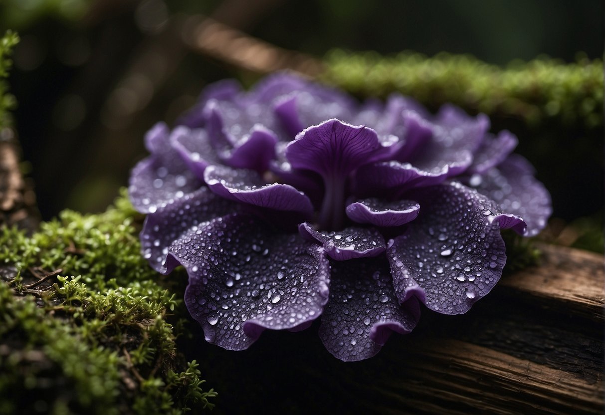 Purple fungus spreads across damp, decaying wood, thriving in the dark, humid environment. Spores disperse, feeding on organic matter, creating a vibrant, textured surface