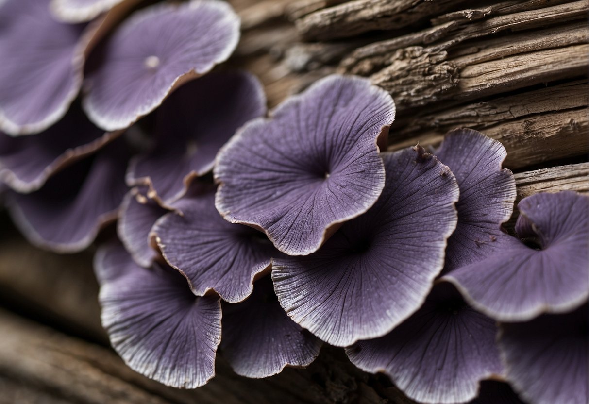Purple fungus covers weathered wood, causing decay and discoloration. Wood fibers appear weakened and disintegrated