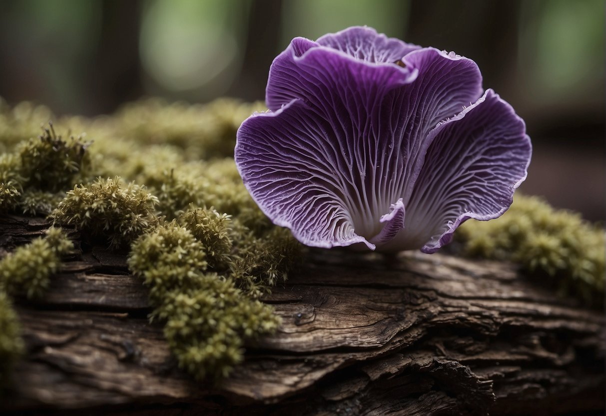 Purple fungus grows on decaying wood, contributing to the breakdown of organic matter. Researcher observes and documents the ecological significance of this process