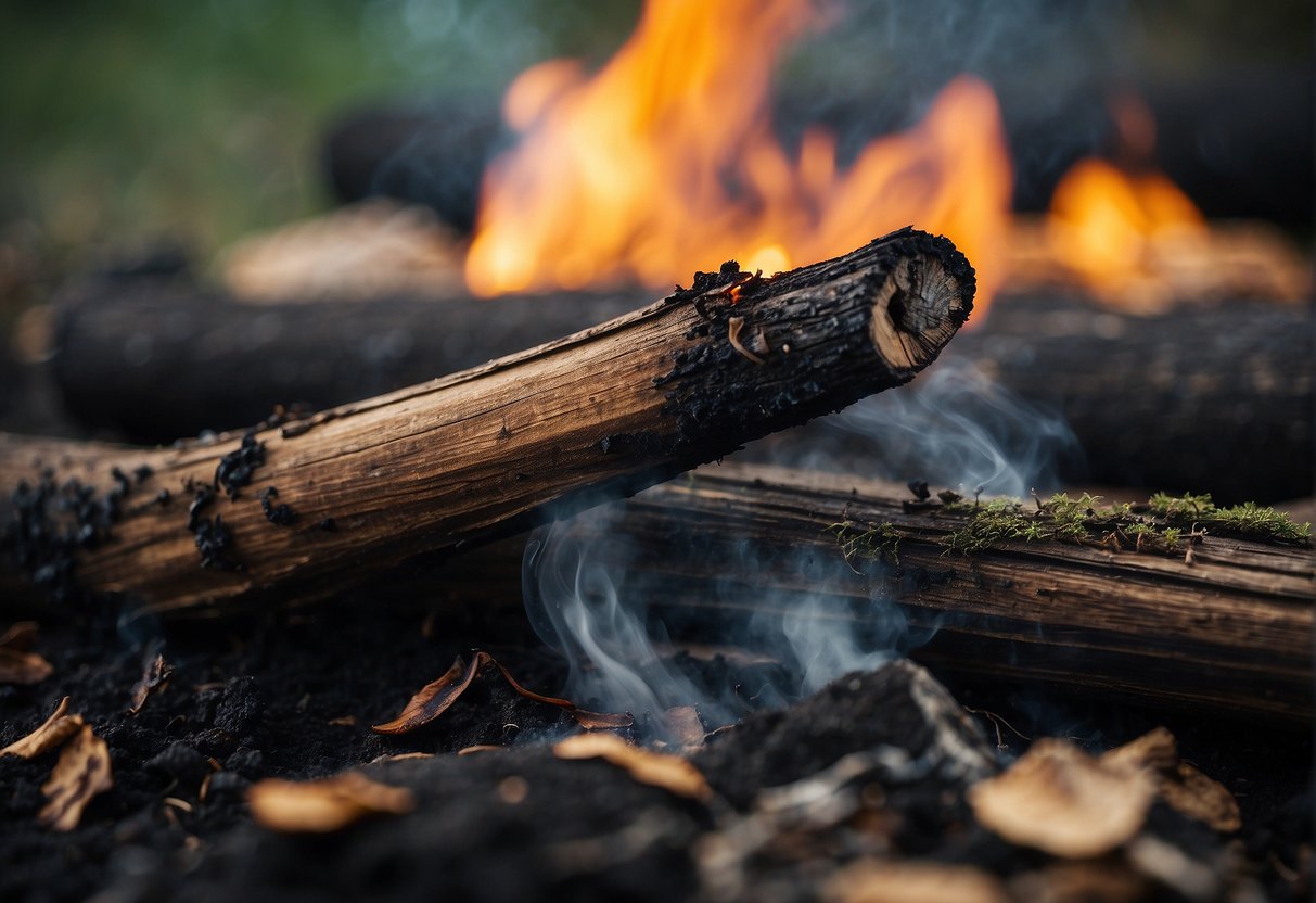Burning wood emits smoke, with fungus growing on the charred surface