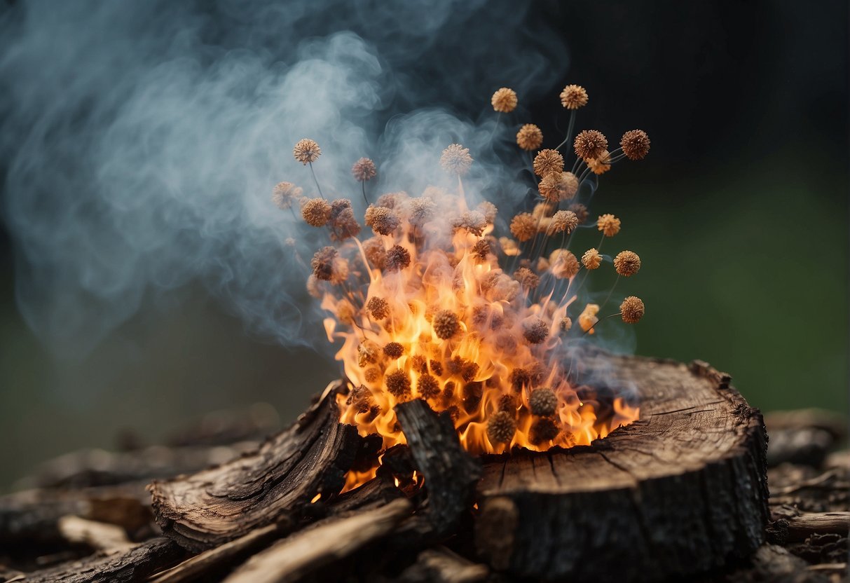 Fungus-infected wood burns, releasing harmful spores and toxins. Smoke billows, posing health risks to those nearby