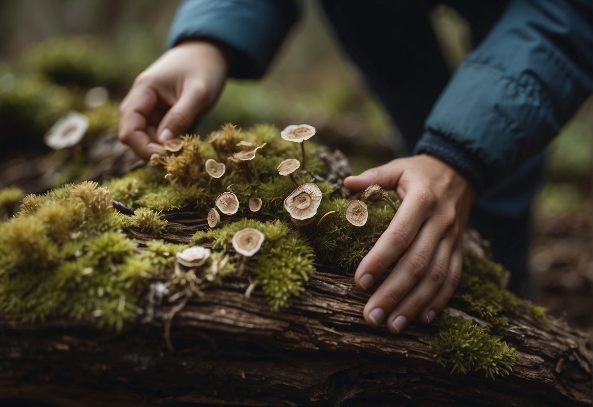 Wood with visible fungus being identified and handled by a person