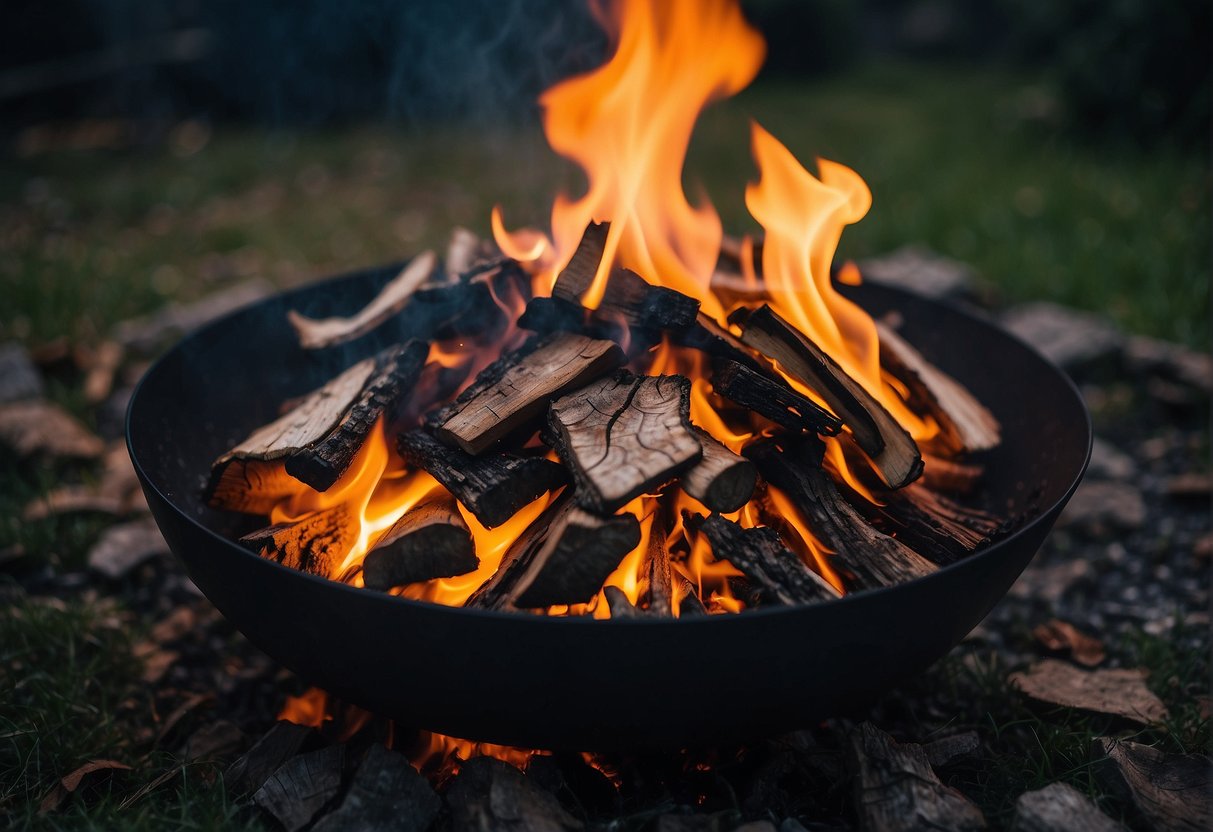 Wood with visible fungus is placed in a safe, contained fire pit. Flames burn evenly with minimal smoke, creating warmth and ambiance