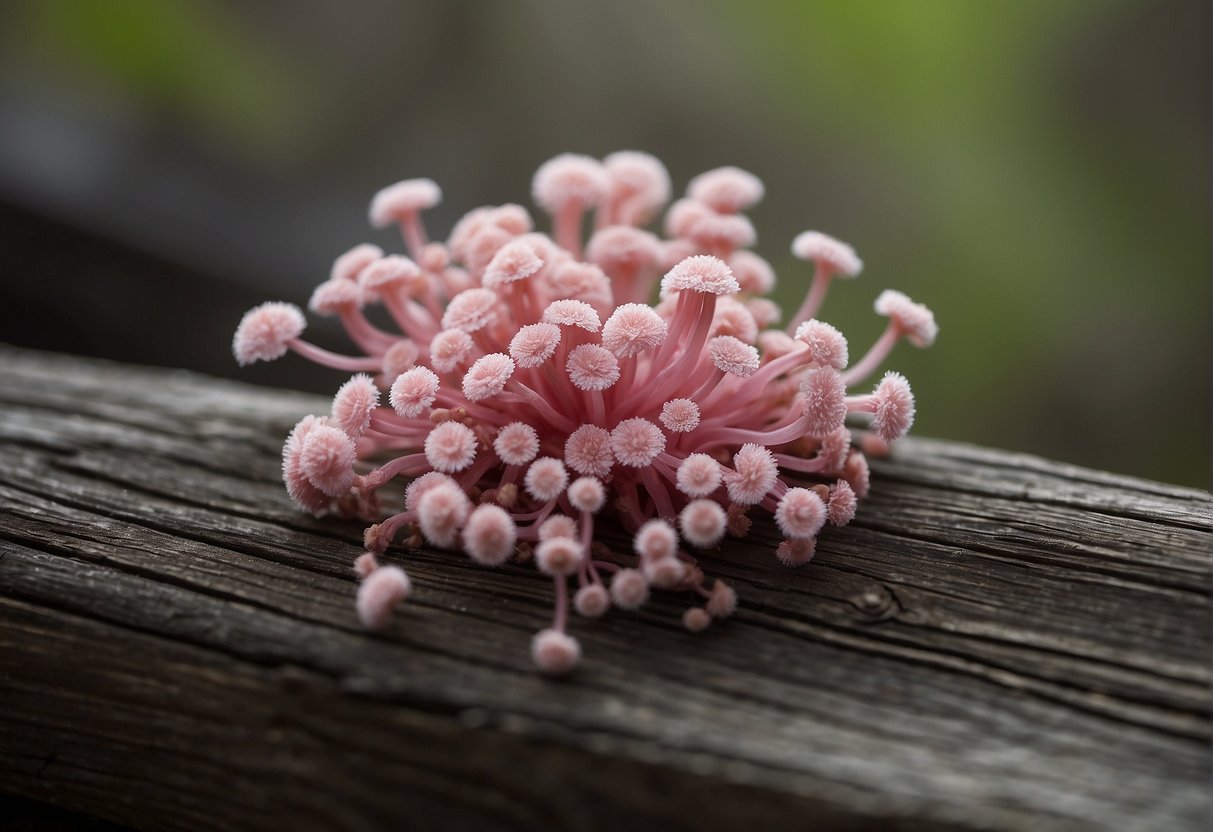 Pink fungus grows on weathered wood, spreading in delicate tendrils