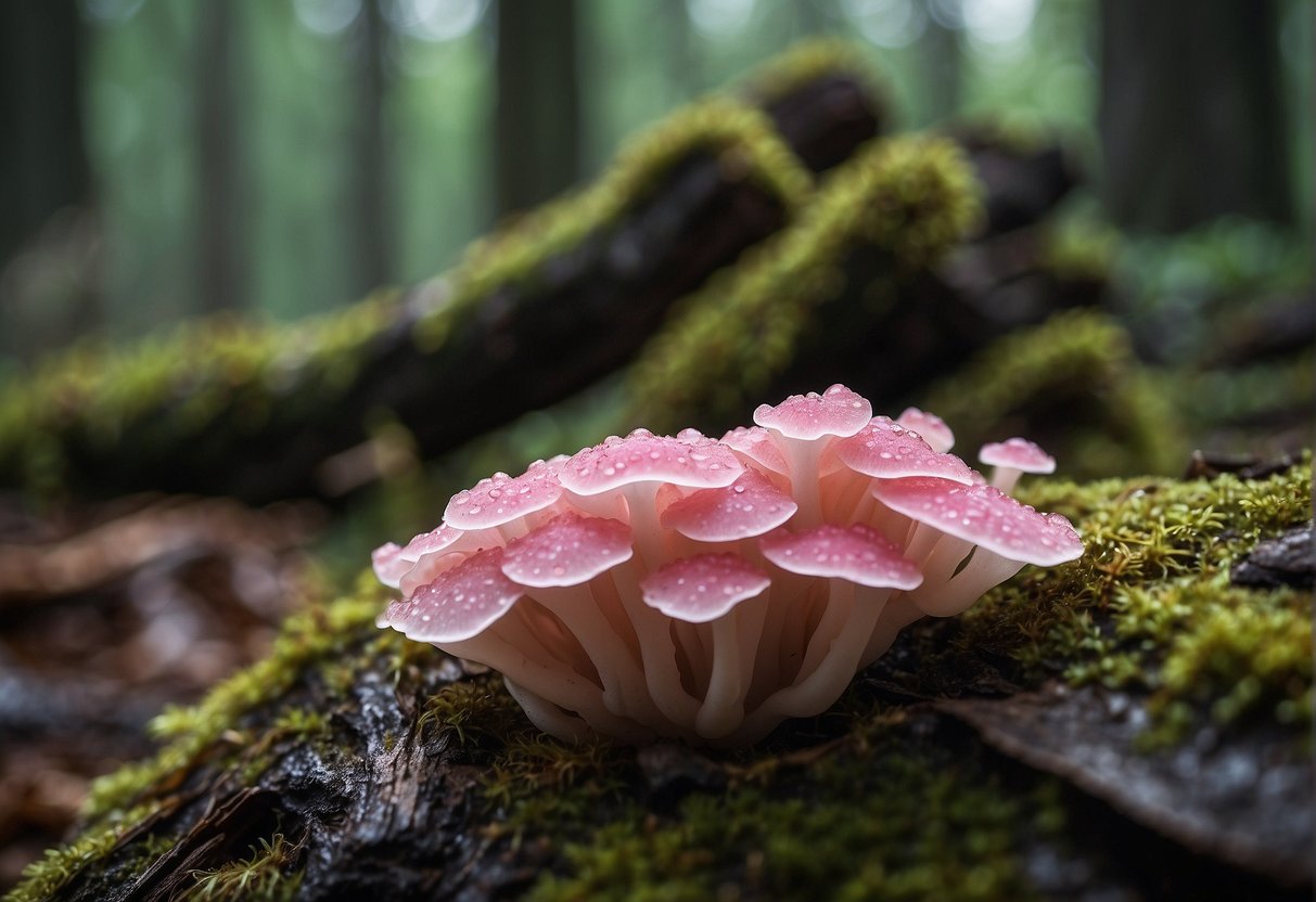Pink fungus grows on damp, decaying wood in forests and gardens. It thrives in shaded, moist areas, often appearing on fallen trees and rotting logs