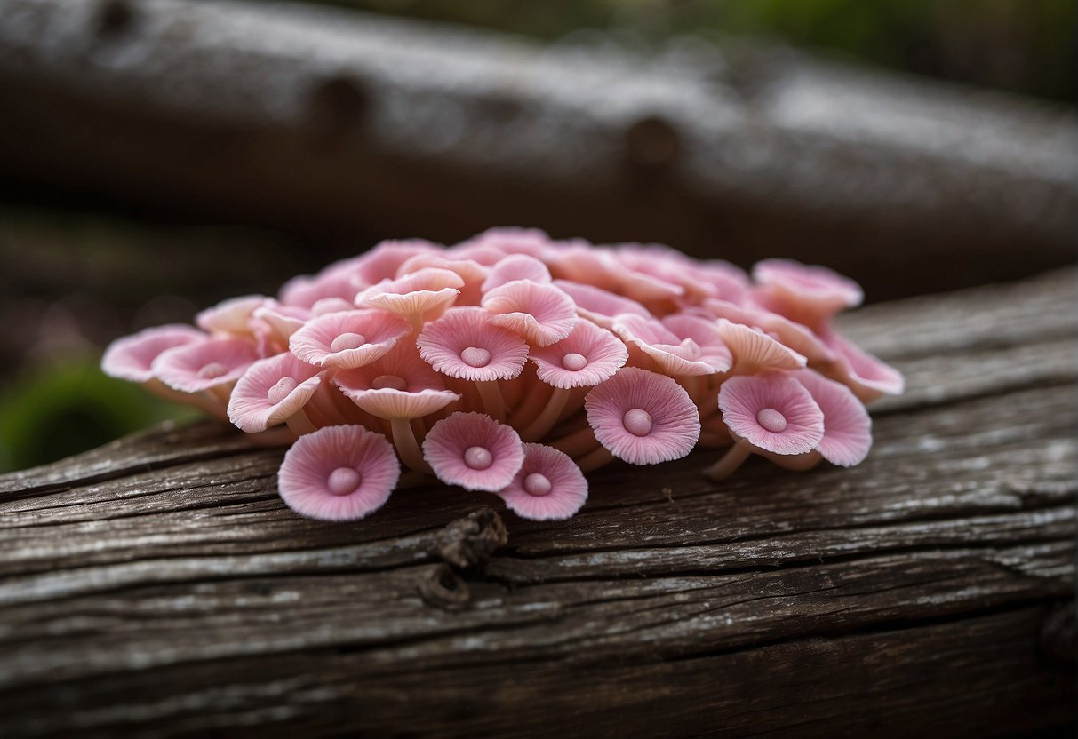 Pink fungus spreads across weathered wood, intertwining with the grain. Maintenance tools lay nearby, ready for control