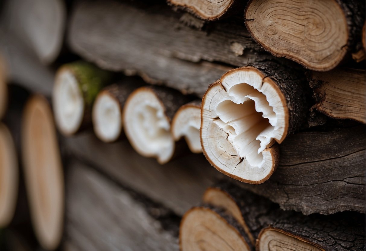 White fungus covers the surface of the dry firewood, creating a textured and organic pattern. The fungus is a pale white color and contrasts against the dark brown of the wood