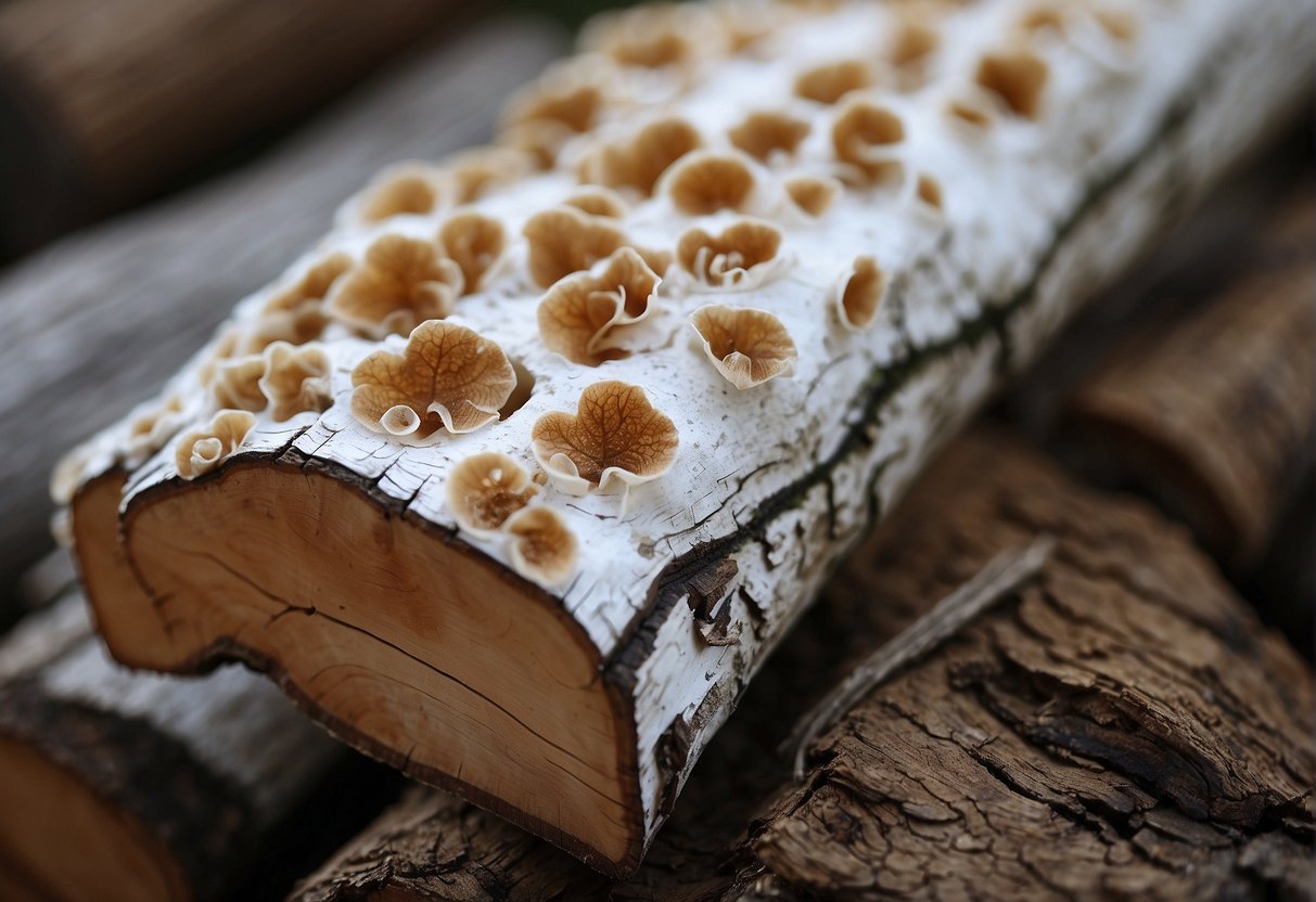 White fungus covers dry firewood, spreading across the surface
