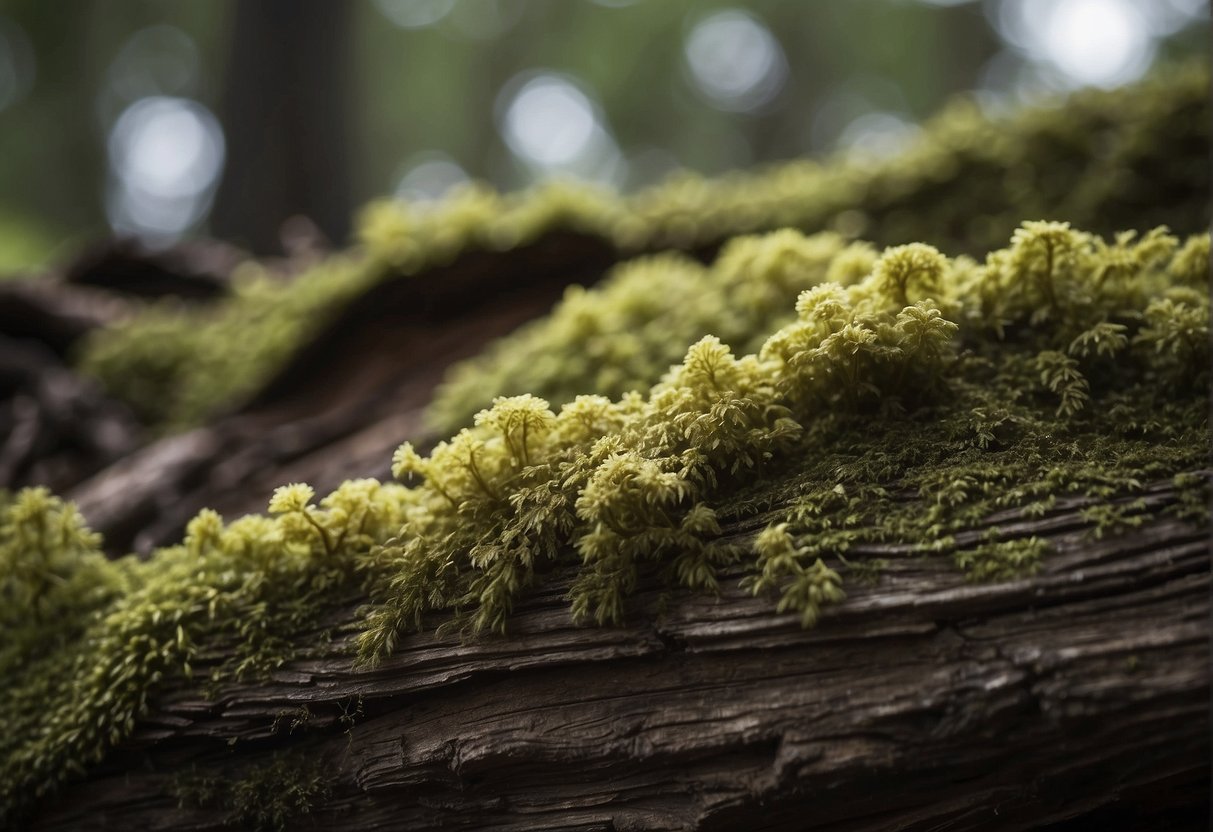 Fungus-like hair covers decaying wood, resembling similar natural phenomena
