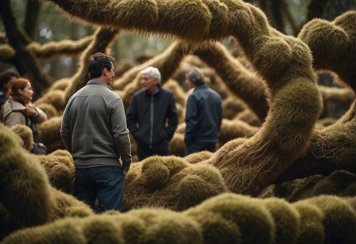 People gather around a large wooden structure covered in hair-like fungus. It's a symbol of cultural impact and human interaction with nature