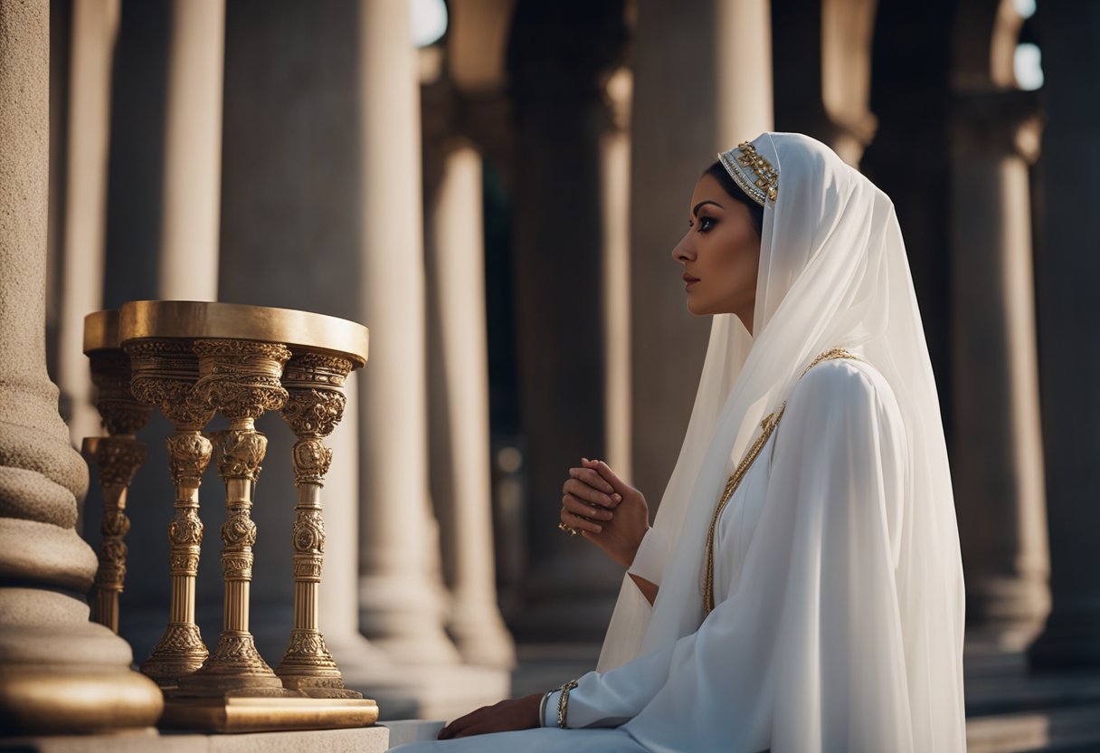 The High Priestess sits between two pillars, holding a scroll and a crescent moon. A veil covers her face, symbolizing hidden knowledge and intuition
