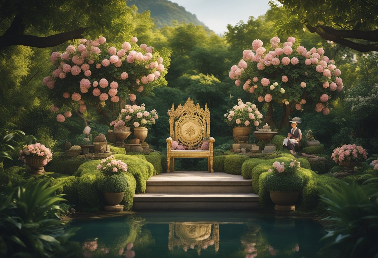 A lush garden with a flowing river, blooming flowers, and ripe fruit trees, with a regal figure seated on a throne, surrounded by abundance and fertility symbols