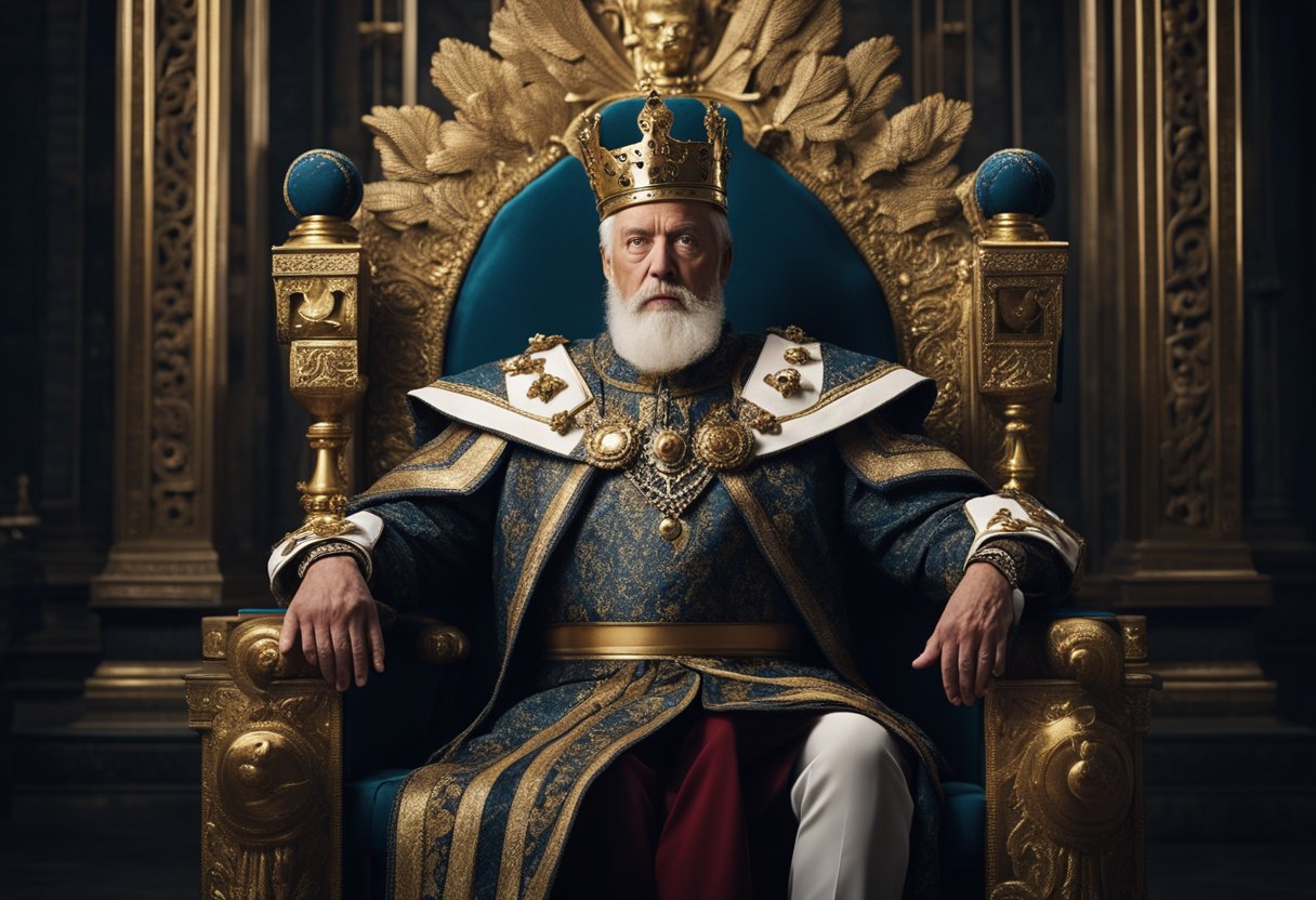 A regal figure sits on a throne, adorned with a crown and holding a scepter. He exudes authority and power, with a commanding presence. The background is adorned with symbols of strength and stability