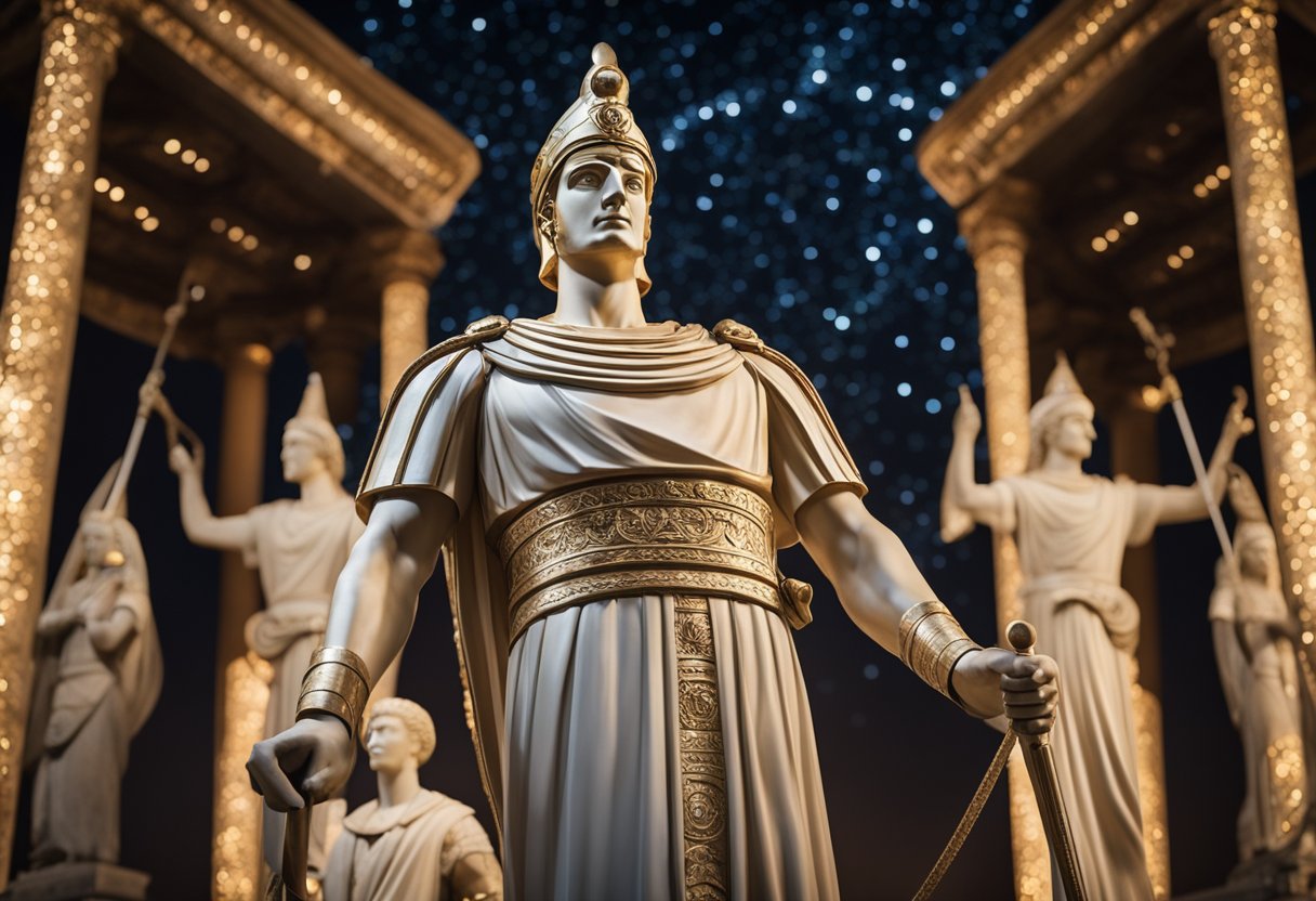 The charioteer stands tall, holding the reins of two opposing sphinxes. Behind him, a canopy of stars and celestial symbols swirl in the night sky