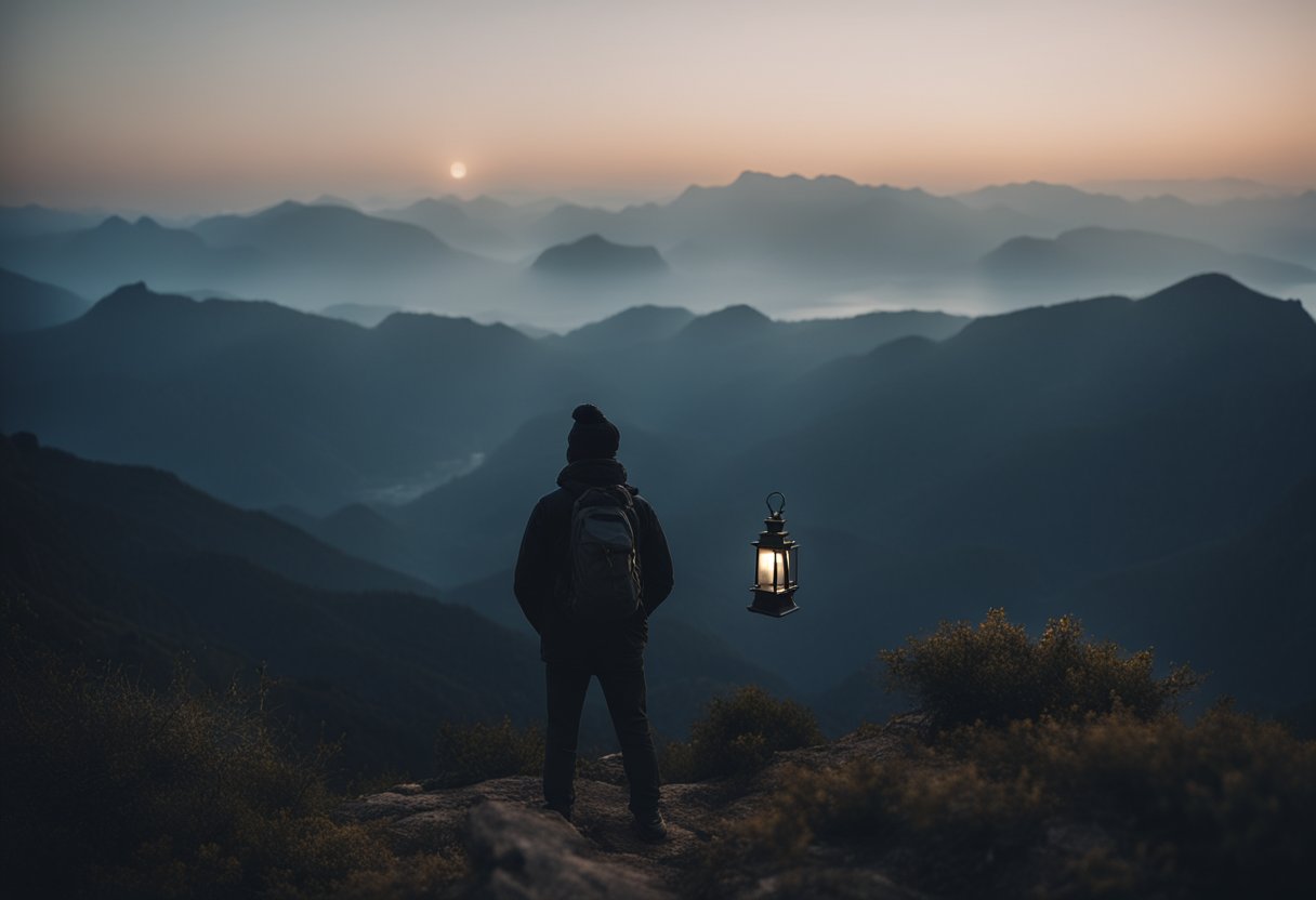 A lone figure stands atop a mountain, holding a lantern aloft, surrounded by darkness and wisdom