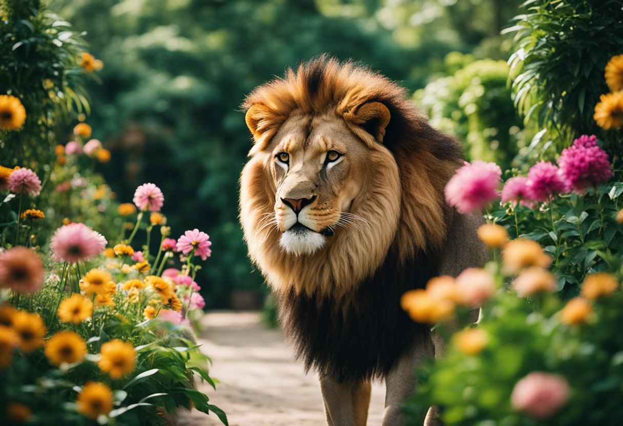 A lion stands calmly beside a woman, both radiating strength and confidence, surrounded by lush greenery and vibrant flowers