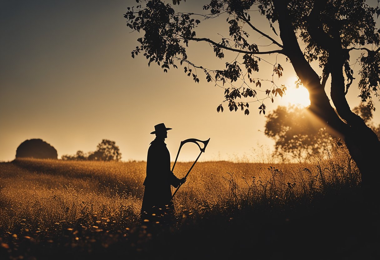 A scythe cutting through a field of withered flowers, a setting sun casting long shadows, and a skeletal figure standing tall in the background