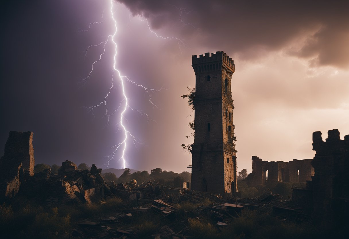 A tall tower struck by lightning, crumbling into ruins as figures fall from its windows