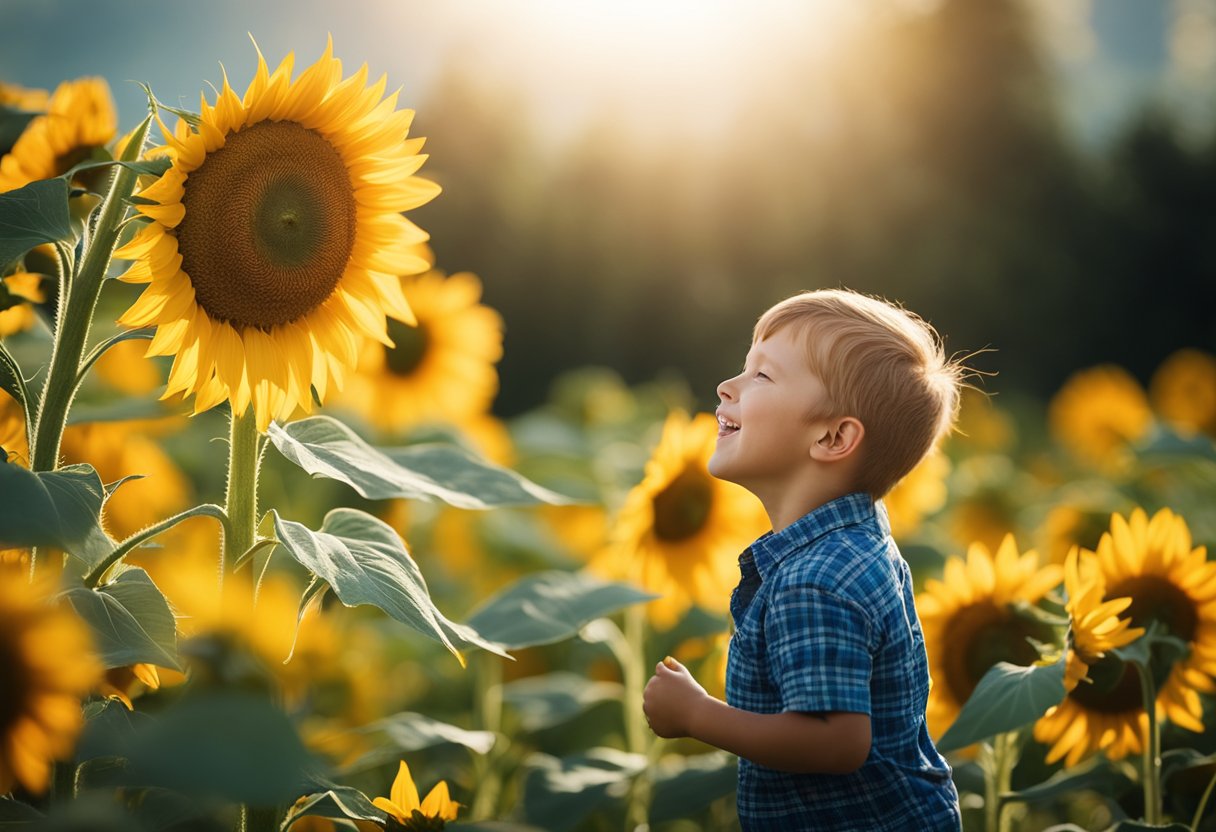 A bright sun shining down on a field of sunflowers, with a joyful child playing in the background