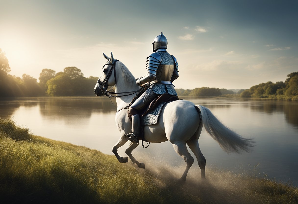 A knight on horseback, holding a cup, rides through a serene landscape with a river flowing and birds flying overhead