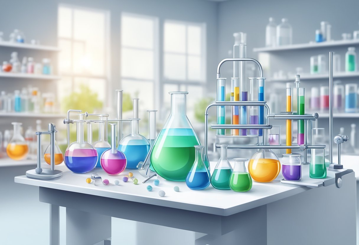 A laboratory setup with chemical compounds arranged on a clean white surface, with scientific equipment in the background