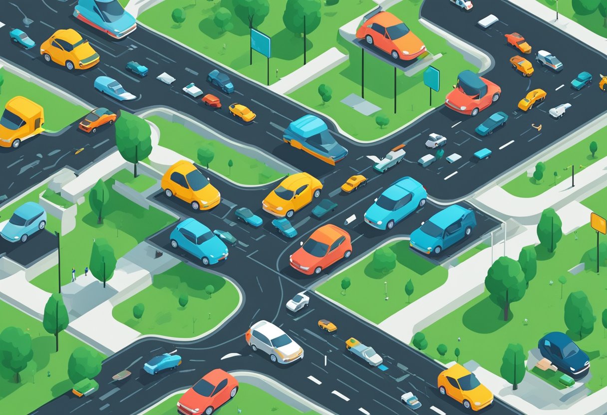 Traffic flow data analyzed by AI. Predictive models show accident-prone areas. Street maps and car icons illustrate the data