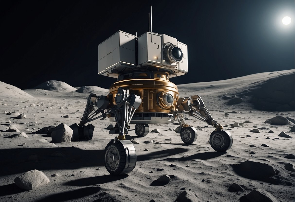 Robotic arms assemble lunar base modules while drones explore the moon's surface