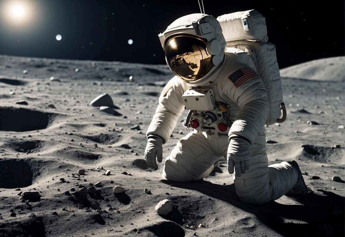 An AI-enhanced astronaut interacts with lunar exploration equipment on the moon's surface