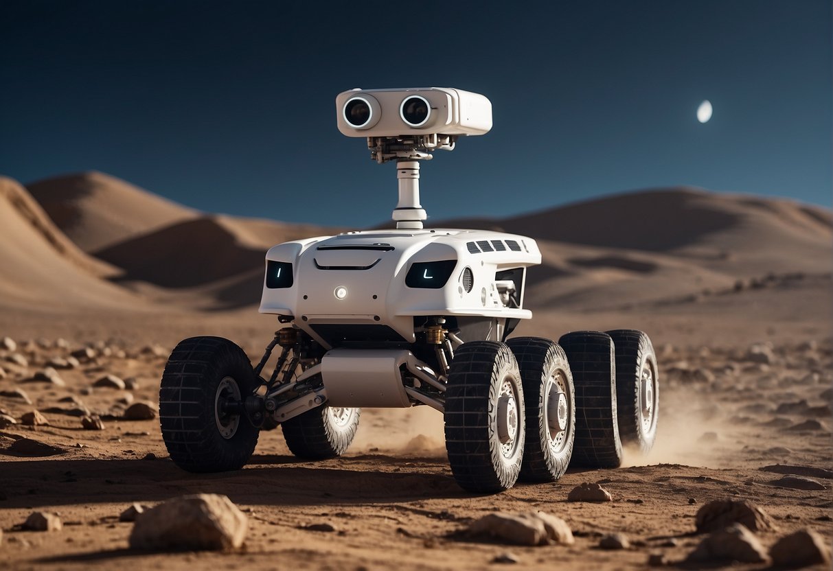 Robotic rover navigates lunar terrain, utilizing AI to overcome obstacles. Lunar base deploys drones for mapping and resource gathering