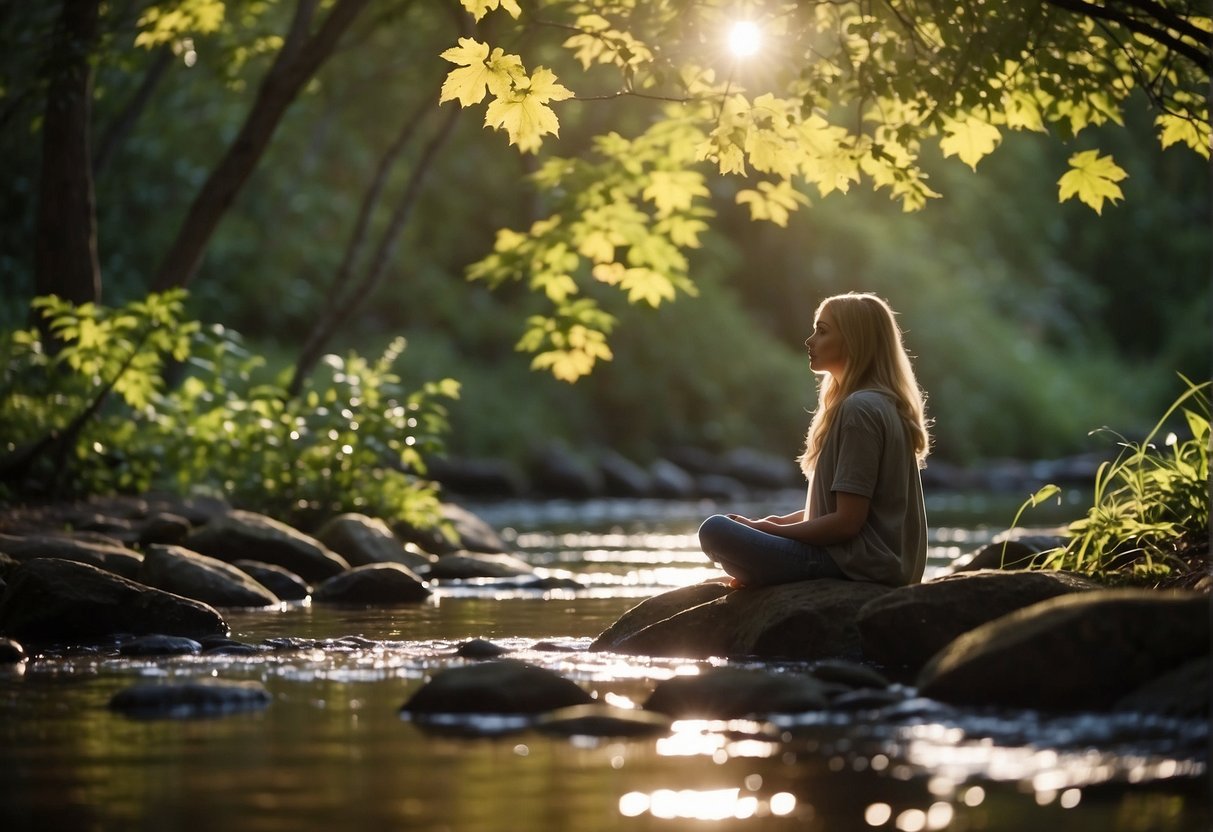 Meditation Quotes Short: A serene figure sits cross-legged, surrounded by nature. Sunlight filters through the leaves, casting a peaceful glow. A small stream trickles nearby, adding to the tranquility