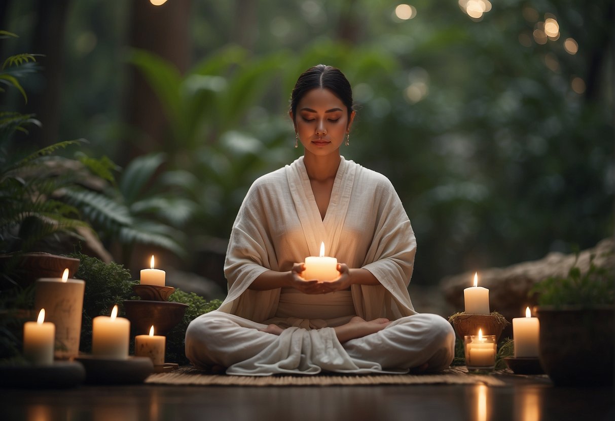 Meditation Quotes Short: A serene figure meditates in a tranquil setting, surrounded by calming elements like nature, candles, and incense