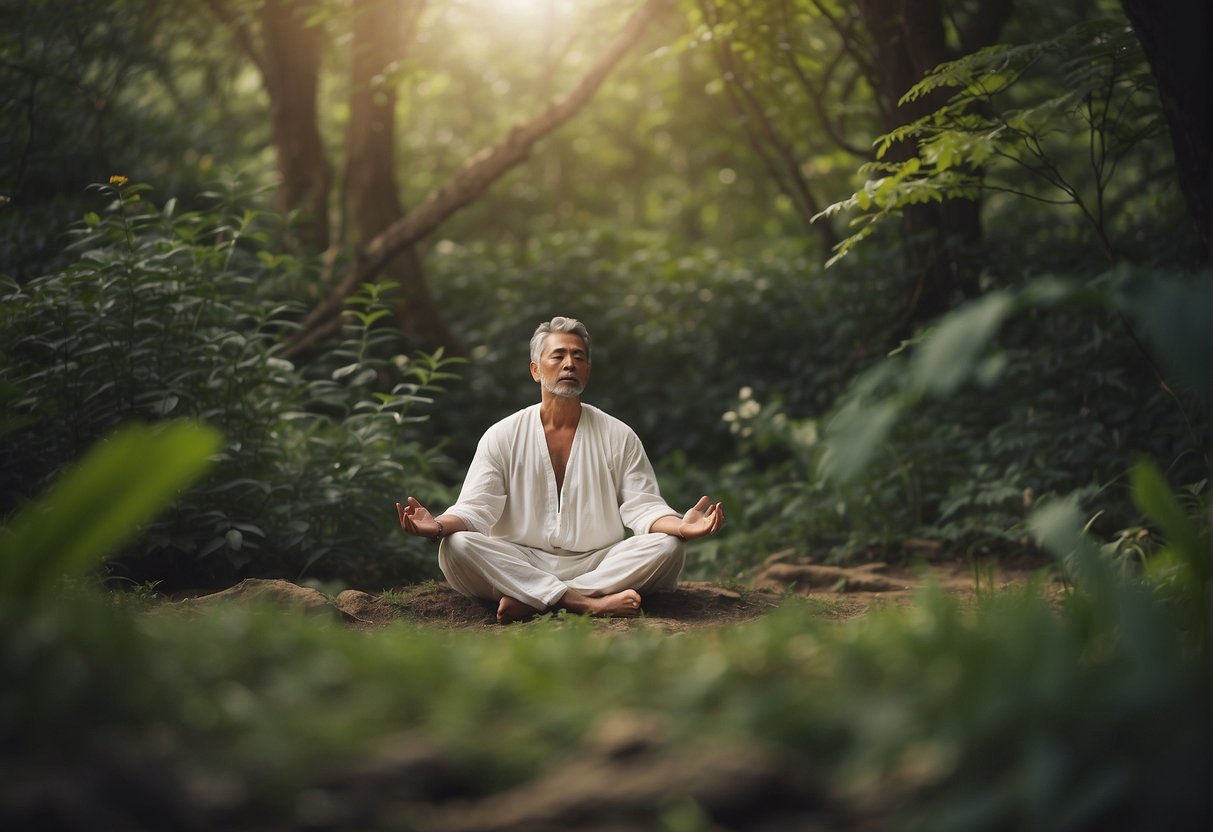 Meditation Art: A serene figure sits cross-legged, surrounded by nature. Their eyes are closed in deep concentration as they engage in meditation, with a sense of peace and tranquility emanating from their posture