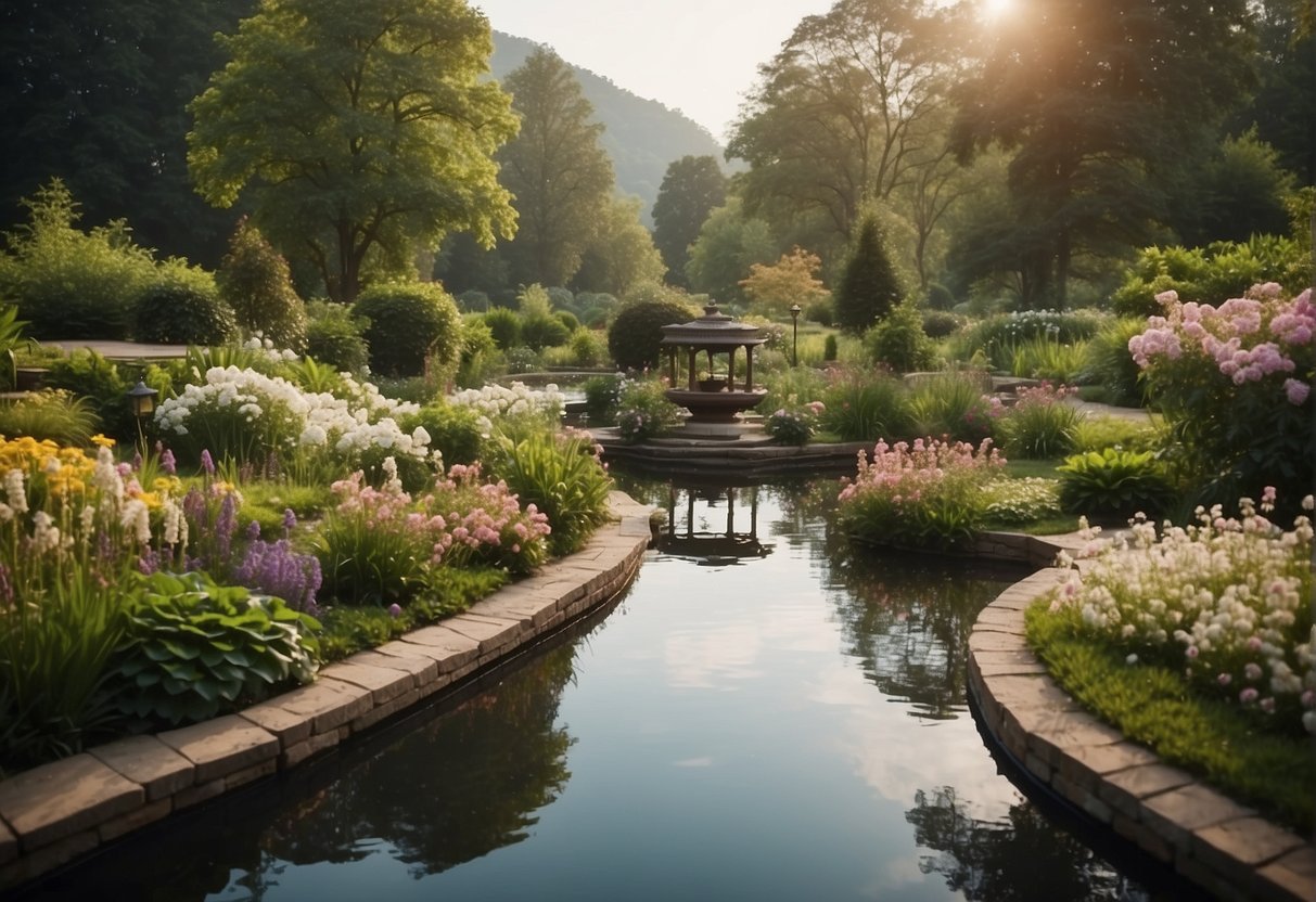 Meditation Art: A serene garden with a winding path, surrounded by lush greenery and blooming flowers, with a peaceful pond in the center