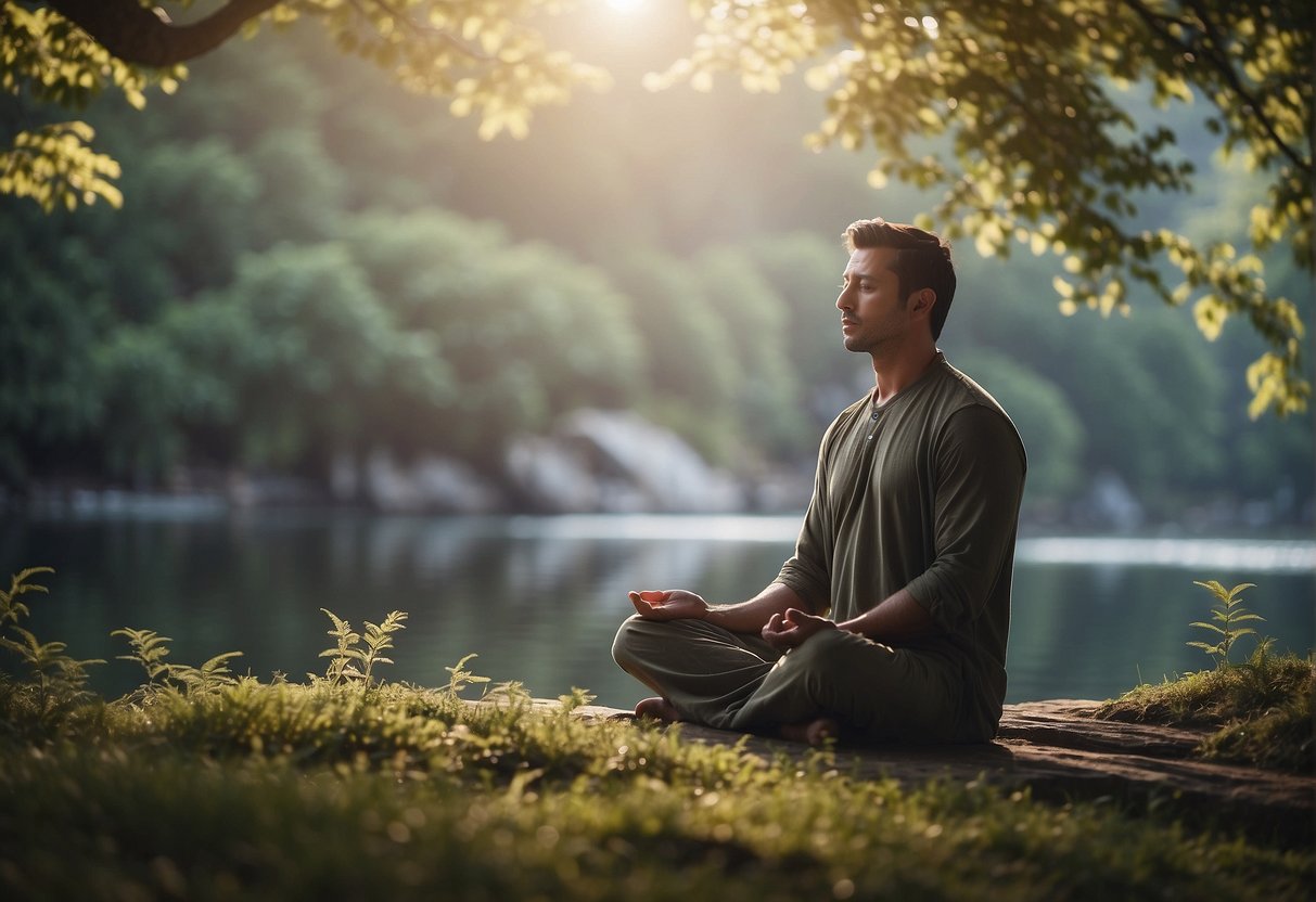 Meditation Art: A serene figure meditates in a peaceful setting, surrounded by nature and soft lighting. The atmosphere is calm and tranquil, creating a sense of inner peace and mindfulness