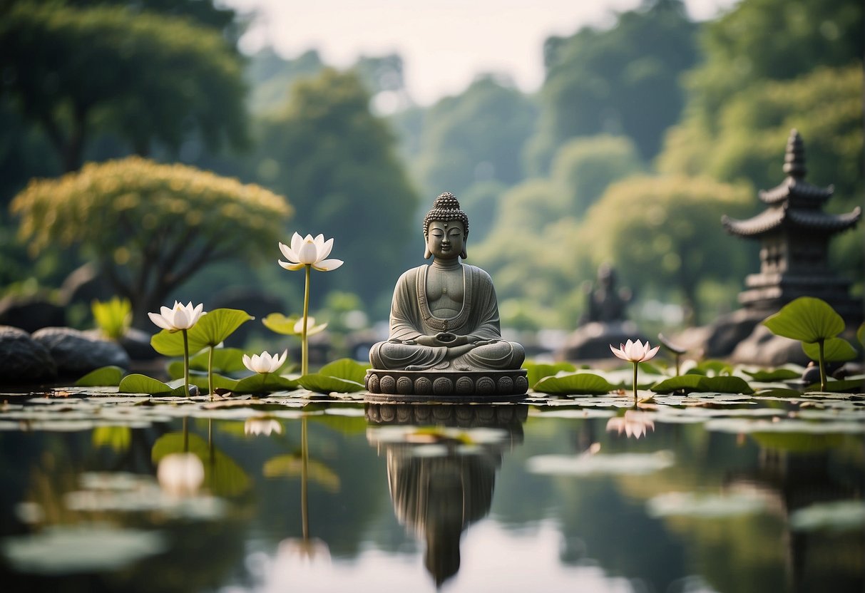 Buddha Meditation Quotes: A serene garden with a peaceful pond, surrounded by blooming lotus flowers and lush greenery, with a statue of Buddha in the center, emanating a sense of tranquility and inner peace