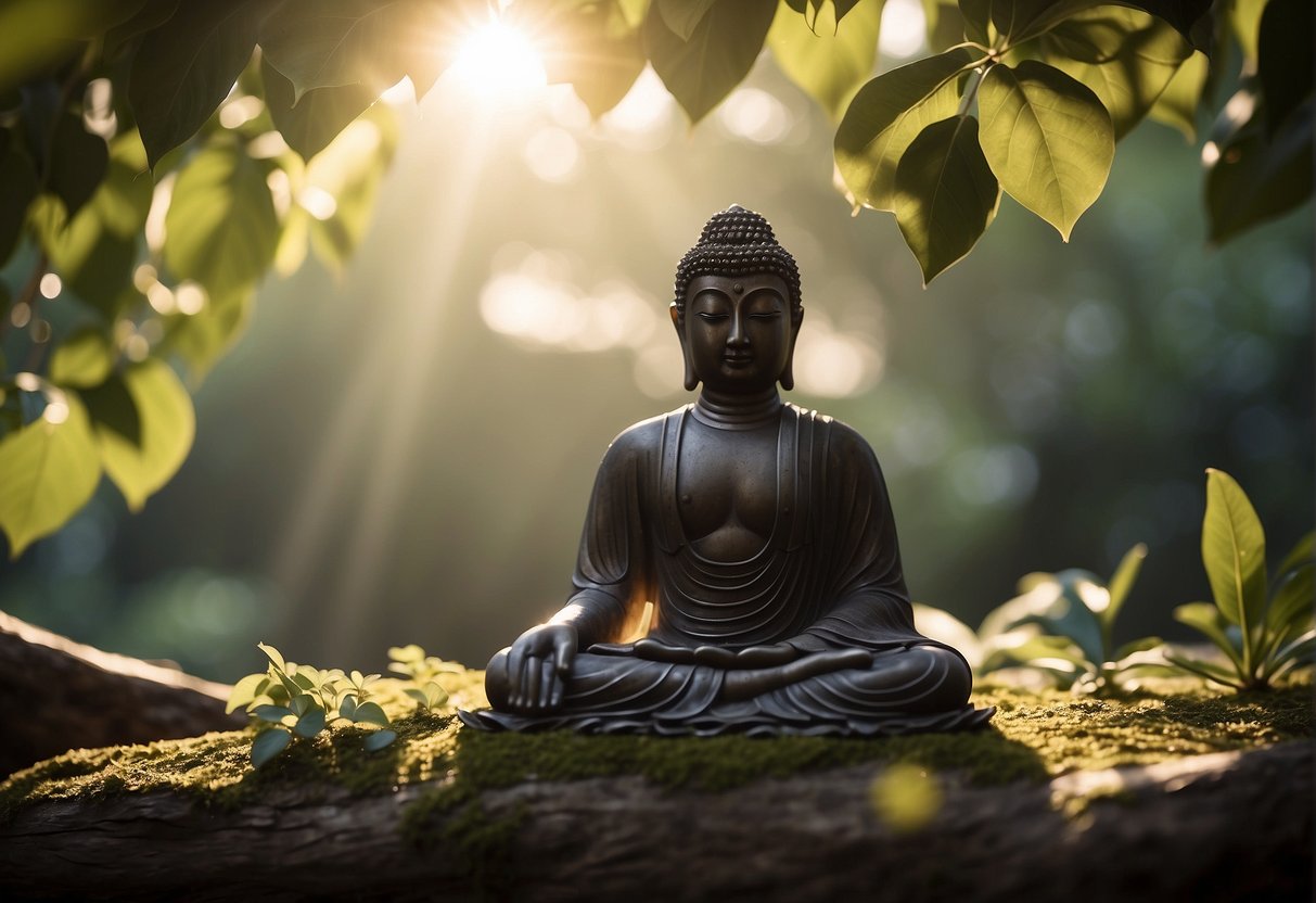 Buddha Meditation Quotes: Buddha's teachings surround a serene figure meditating under a Bodhi tree, with gentle rays of sunlight illuminating the peaceful scene