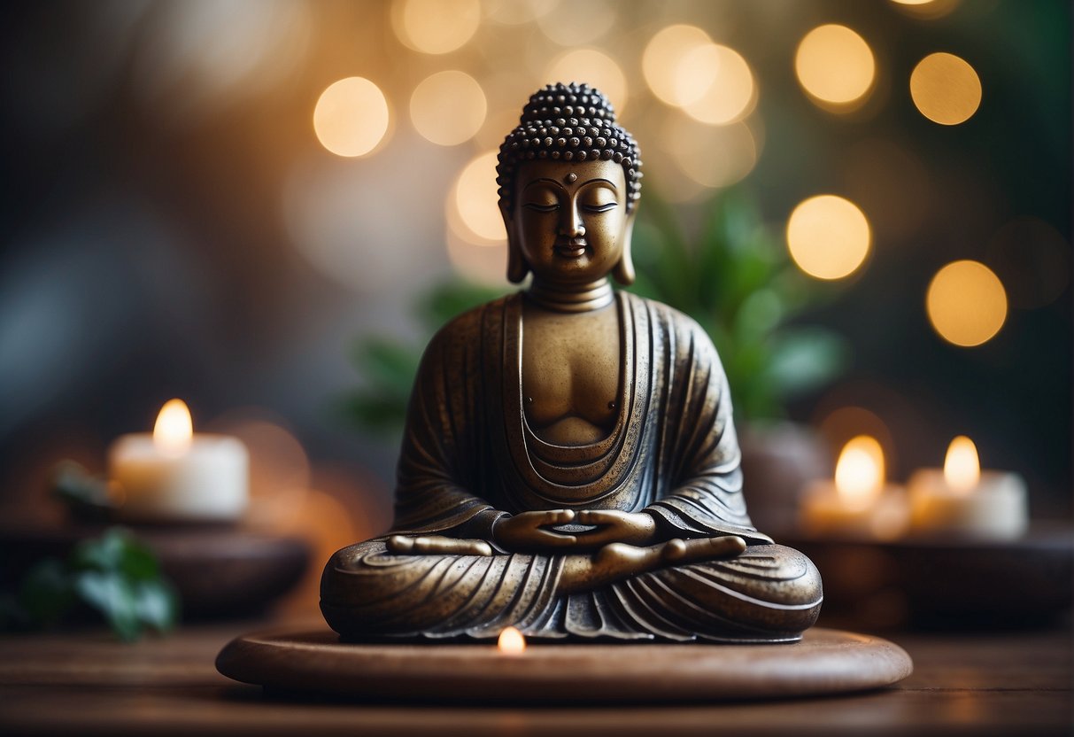 Buddha Meditation Quotes: The Buddha sits in meditation, surrounded by quotes floating in the air. Peaceful atmosphere with soft lighting and tranquil colors