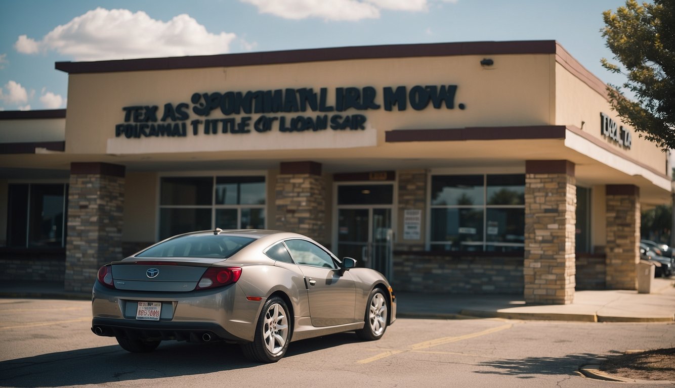 A car parked in front of a Texas title loan office with a sign that reads "Buy More Time: How to Extend Your Texas Car Title Loan!"