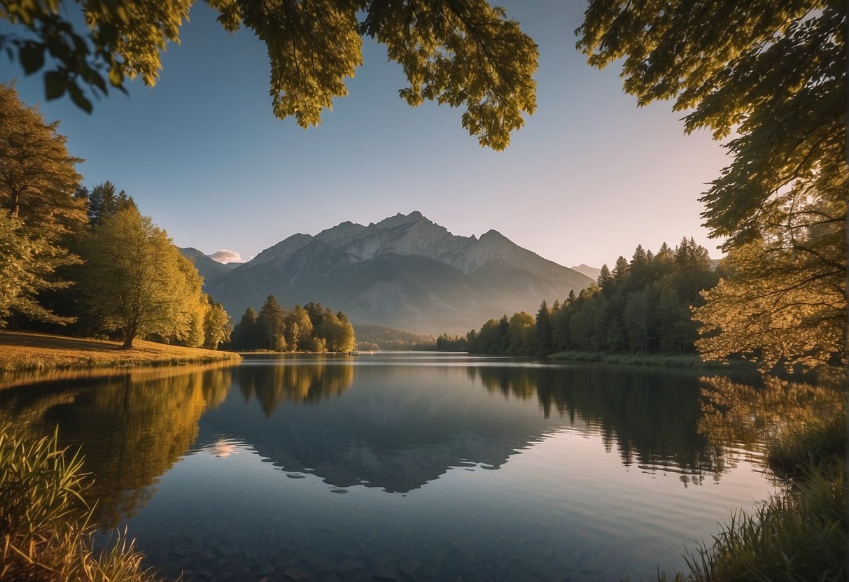 Healing Meditation Quotes: A serene landscape with a calm lake reflecting the surrounding mountains, while gentle ripples create a sense of tranquility. The sun sets in the distance, casting a warm glow over the scene