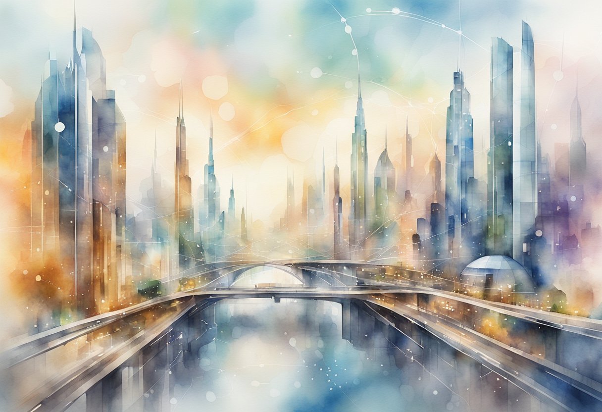 A futuristic city skyline with interconnected digital networks and advanced AI technology integrated into buildings and transportation systems