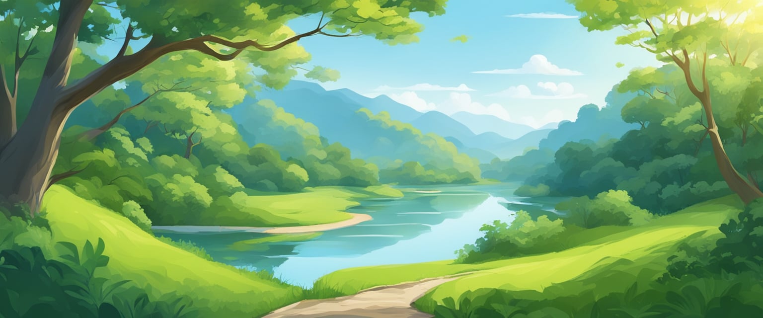 A serene landscape with a winding river, lush greenery, and a clear blue sky, evoking a sense of peace and tranquility