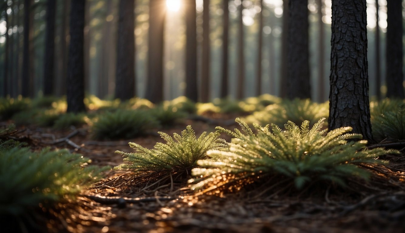 Sunlight filters through the dense pine forest, illuminating the ground covered in a thick layer of pine needles. The needles create a soft bed of earthy tones, creating a peaceful and serene scene