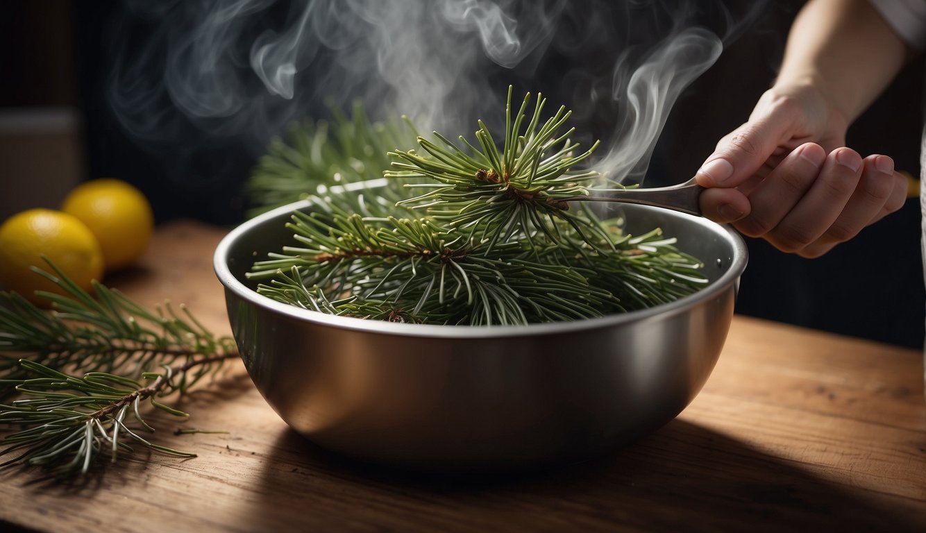 Pine needles being chopped and added to a pot of boiling water, releasing a fragrant aroma