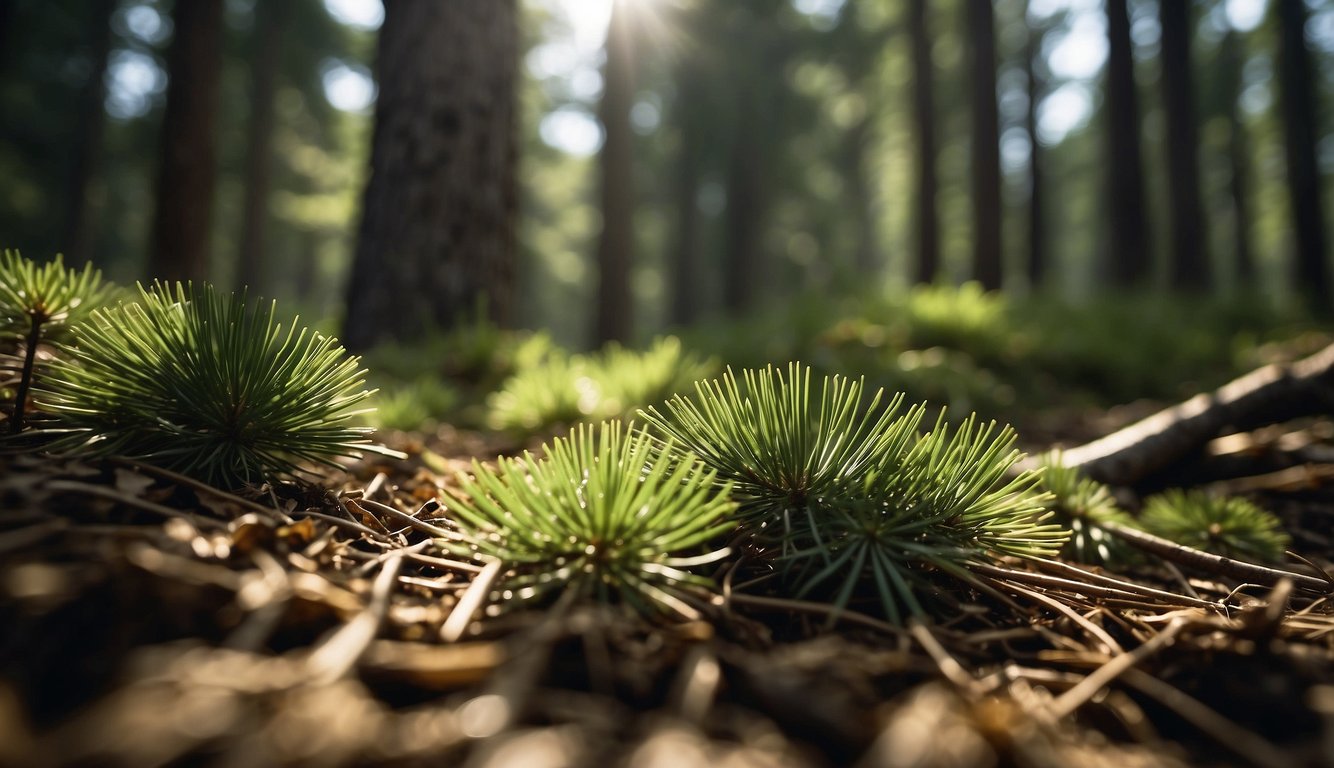 Lush green pine needles cover the forest floor, emitting a fresh, invigorating scent. Sunlight filters through the trees, casting dappled shadows