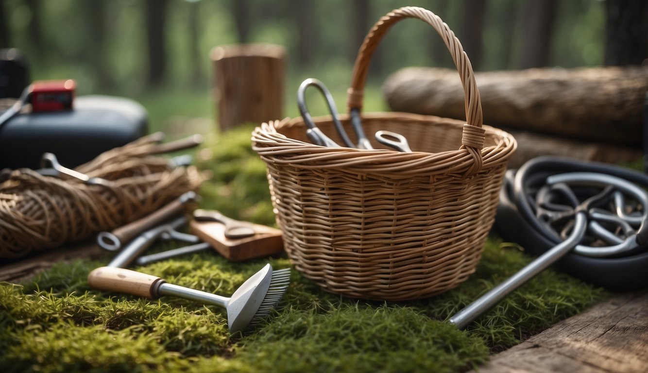 Pine needles woven into a basket, surrounded by outdoor tools and crafts materials