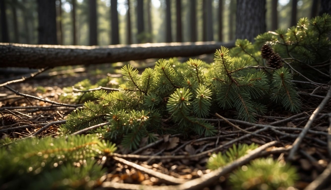 Sunlight filters through a dense pine forest, illuminating the forest floor covered in a thick layer of pine needles. Fallen branches and cones litter the ground, creating a natural and serene environment